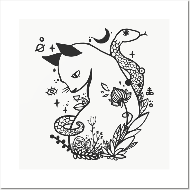 Cat And Snake With Flowers Wall Art by cellsdividing